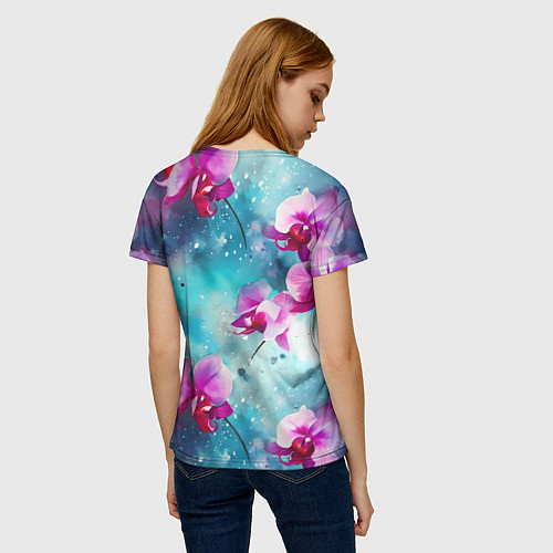 Женская футболка Розовые орхидеи на бирюзовом - паттерн акварель / 3D-принт – фото 4