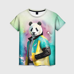 Женская футболка Прикольный панда в модной куртке