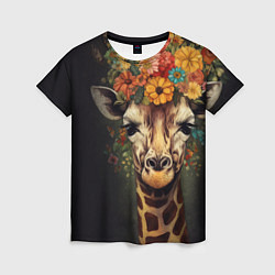 Женская футболка Портрет жирафа с цветами: арт нейросети