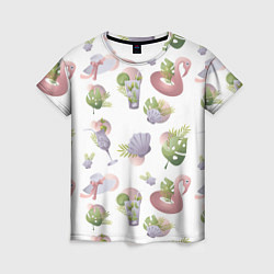 Женская футболка Пляжный паттерн с коктейлями и фламинго