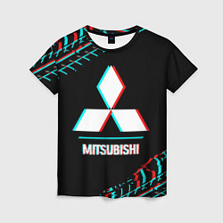 Женская футболка Значок Mitsubishi в стиле glitch на темном фоне