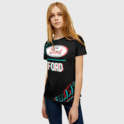 Футболка женская Значок Ford в стиле glitch на темном фоне, цвет: 3D-принт — фото 2