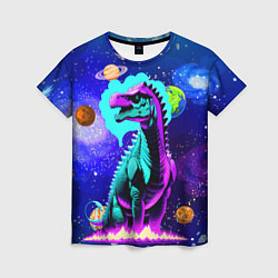 Женская футболка Динозавр в космосе - неоновое свечение