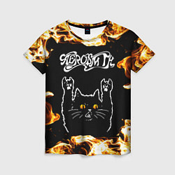 Женская футболка Aerosmith рок кот и огонь