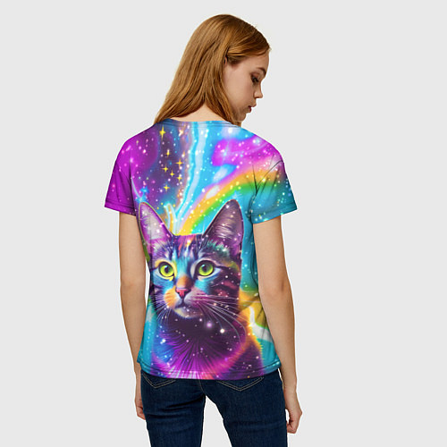 Женская футболка Полосатый кот с разноцветной звездной туманностью / 3D-принт – фото 4