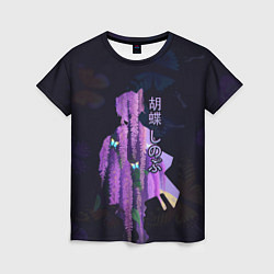 Женская футболка Силуэт Шинобу Кочо, бабочки и цветущая глициния