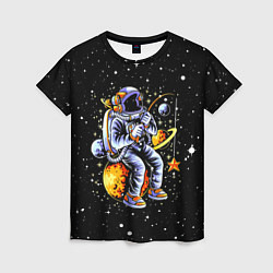 Женская футболка Космонавт на рыбалке - неон