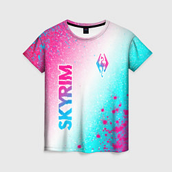 Женская футболка Skyrim neon gradient style: надпись, символ