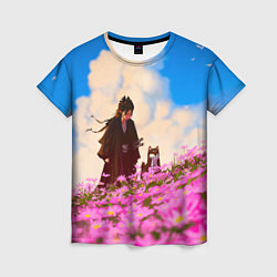 Женская футболка Девушка самурай и сиба ину