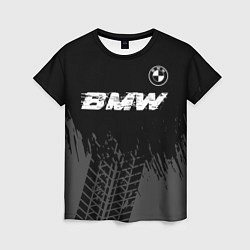 Женская футболка BMW speed на темном фоне со следами шин: символ св