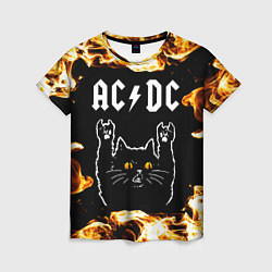 Футболка женская AC DC рок кот и огонь, цвет: 3D-принт