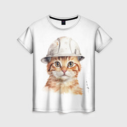 Женская футболка Акварельный кот-строитель