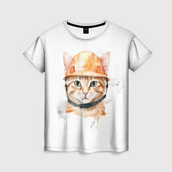 Женская футболка Акварельный кот в строительной каске