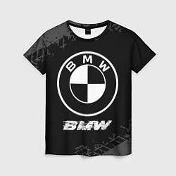 Женская футболка BMW speed на темном фоне со следами шин