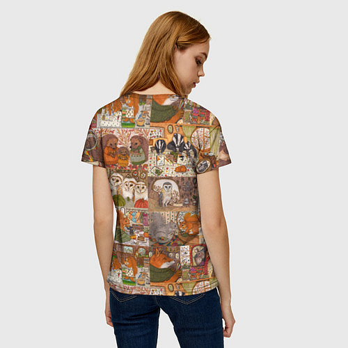 Женская футболка Коллаж из сказочных зверей - совы, белки, ёжики / 3D-принт – фото 4