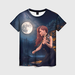 Женская футболка Девушка играет на скрипке в ночном парке