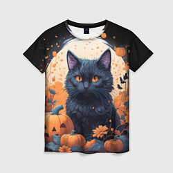 Женская футболка Котик и тыквы - хеллоуин