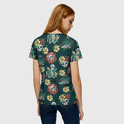 Женская футболка Скелеты и черепа среди цветов / 3D-принт – фото 4