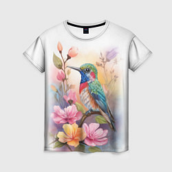 Женская футболка Колибри и цветы - акварель