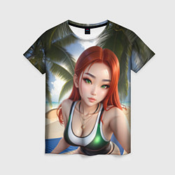 Женская футболка Девушка с рыжими волосами на пляже