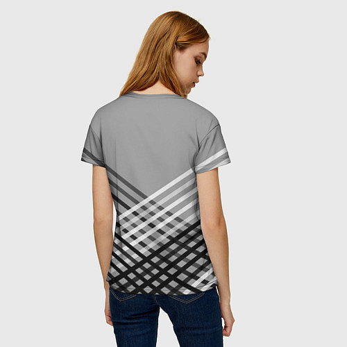 Женская футболка Косые черно-белые полосы на сером / 3D-принт – фото 4