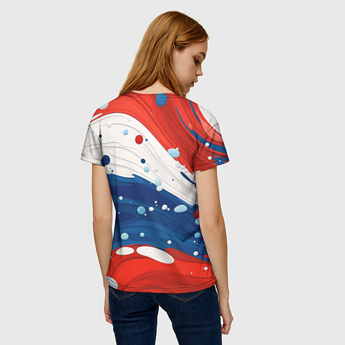 Женская футболка Брызги красок в цветах флага РФ / 3D-принт – фото 4