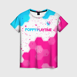 Женская футболка Poppy Playtime neon gradient style: символ сверху
