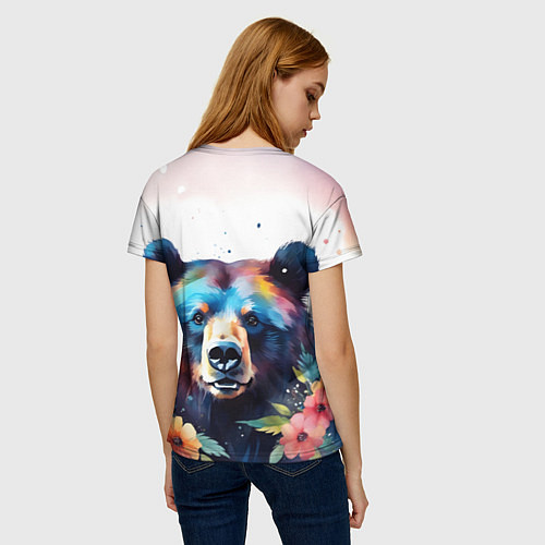 Женская футболка Портрет медведя гризли с цветами акварелью / 3D-принт – фото 4