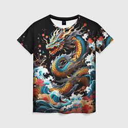 Женская футболка Дракон на волнах в японском стиле арт