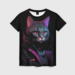 Женская футболка Кот в стиле киберпанк