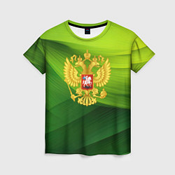 Женская футболка Золотистый герб России на зеленом фоне