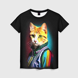 Женская футболка Модный рыжий кот - неон - поп-арт