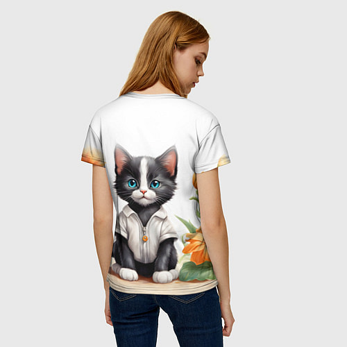 Женская футболка Котенок на цветочной поляне / 3D-принт – фото 4