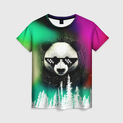 Женская футболка Панда в очках на фоне северного сияния и леса