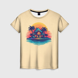 Женская футболка Дом и пальмы на фоне заката