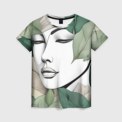 Женская футболка Женский портрет в листьях - нейросеть