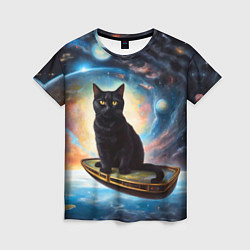 Женская футболка Черный кот на космическом корабле летящий в космос