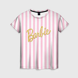 Женская футболка Barbie - золотая надпись и бело-розовые полосы