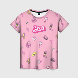 Женская футболка Лиза - в стиле барби: аксессуары на розовом паттер