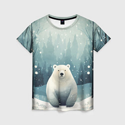 Женская футболка Мишка в зимнем лесу в стиле фолк-арт