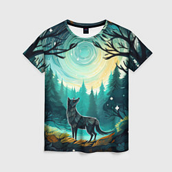 Женская футболка Волк в ночном лесу фолк-арт