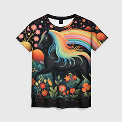 Женская футболка Лошадка с радужной гривой в стиле фолк-арт