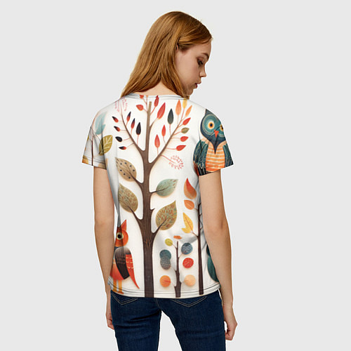 Женская футболка Совы в осеннем лесу в стиле фолк-арт / 3D-принт – фото 4