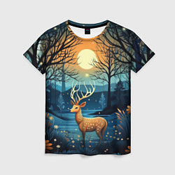 Женская футболка Олень в ночном лесу фолк-арт