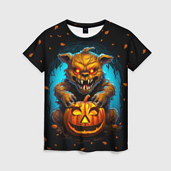 Женская футболка Halloween - страшный медведь с тыквой