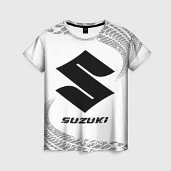 Женская футболка Suzuki speed на светлом фоне со следами шин