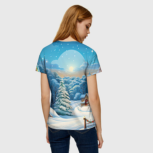 Женская футболка Зимний домик и елка / 3D-принт – фото 4