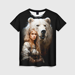 Женская футболка Славянка с большим белым медведем