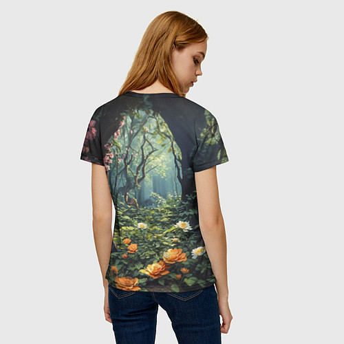 Женская футболка Лисица в лесу в цветах / 3D-принт – фото 4