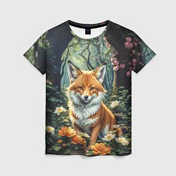 Женская футболка Лисица в лесу в цветах